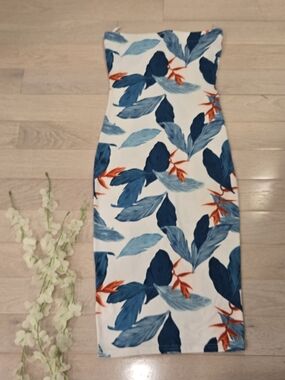 Strapless Tropical Leaf-Print Bodycon Dress - Blue & Orange